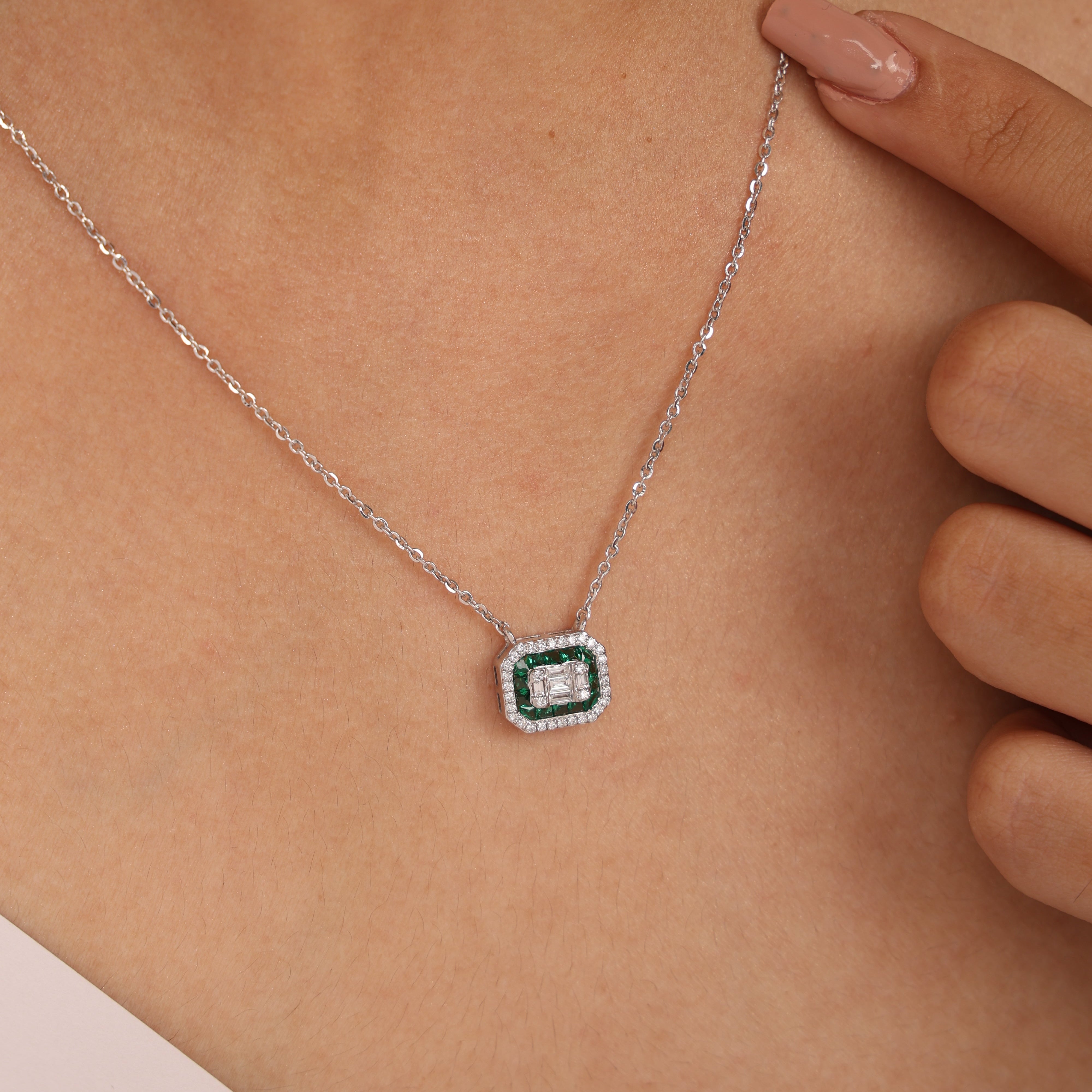 Double Halo Emerald Necklace