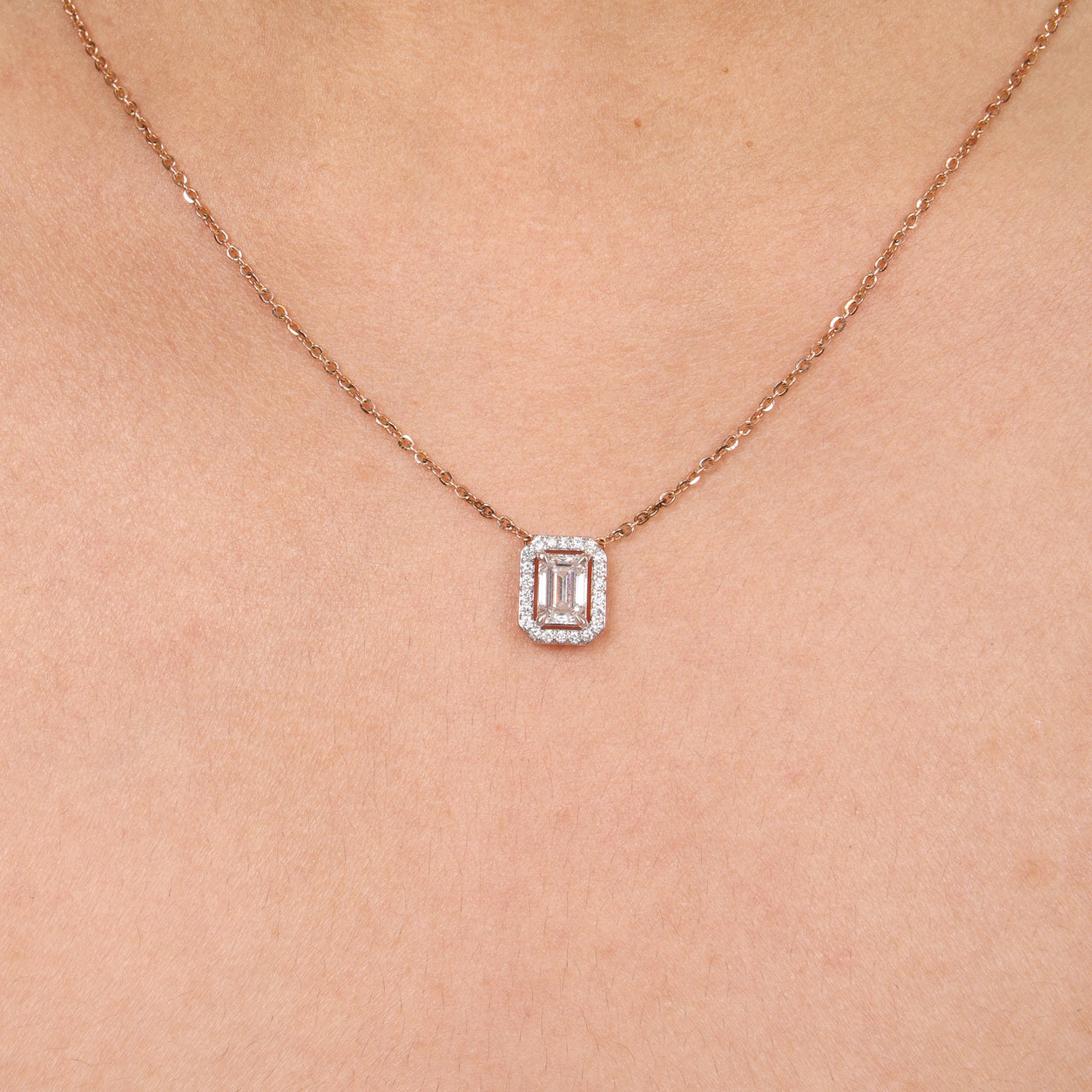 Emerald Cut Halo Necklace