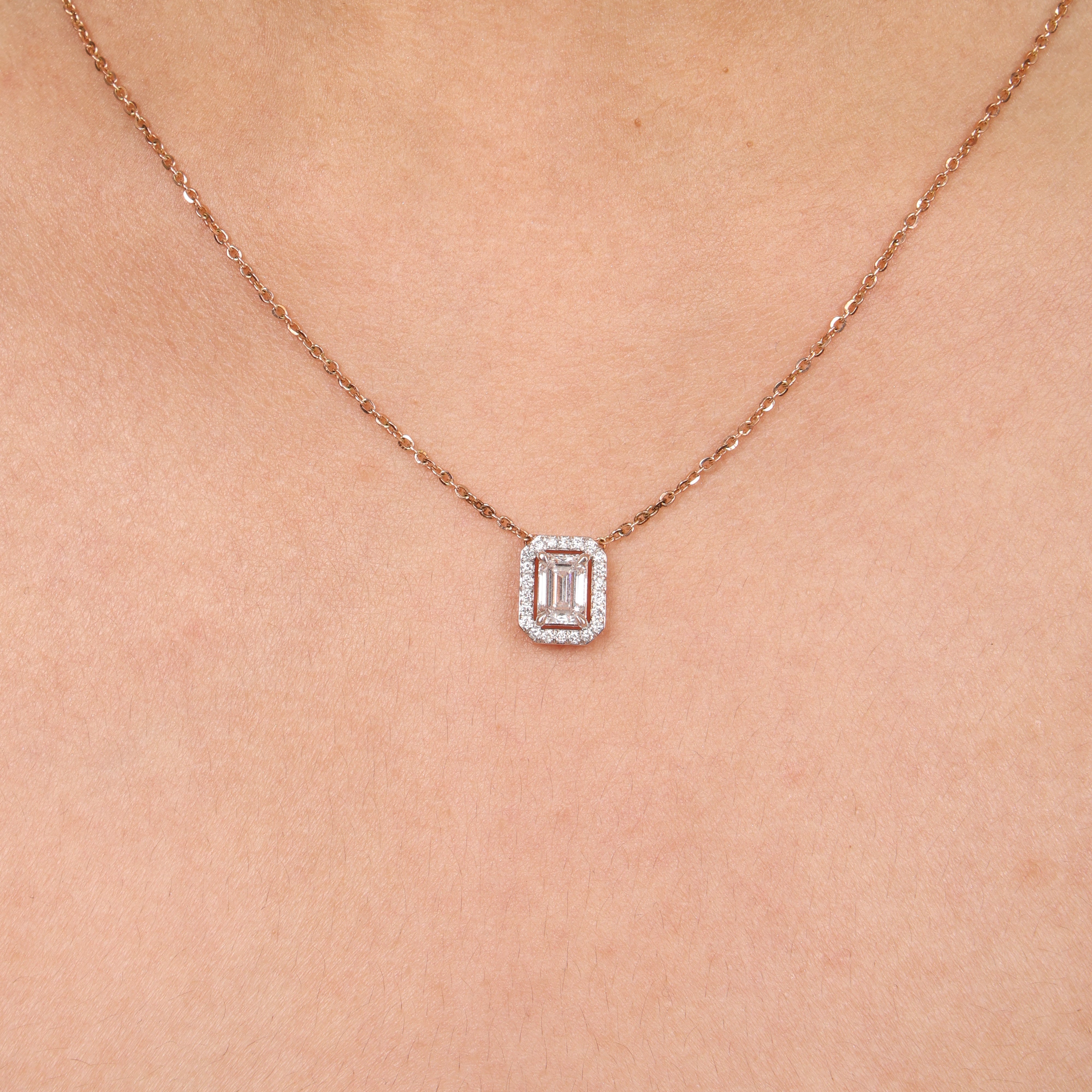Emerald Cut Halo Necklace