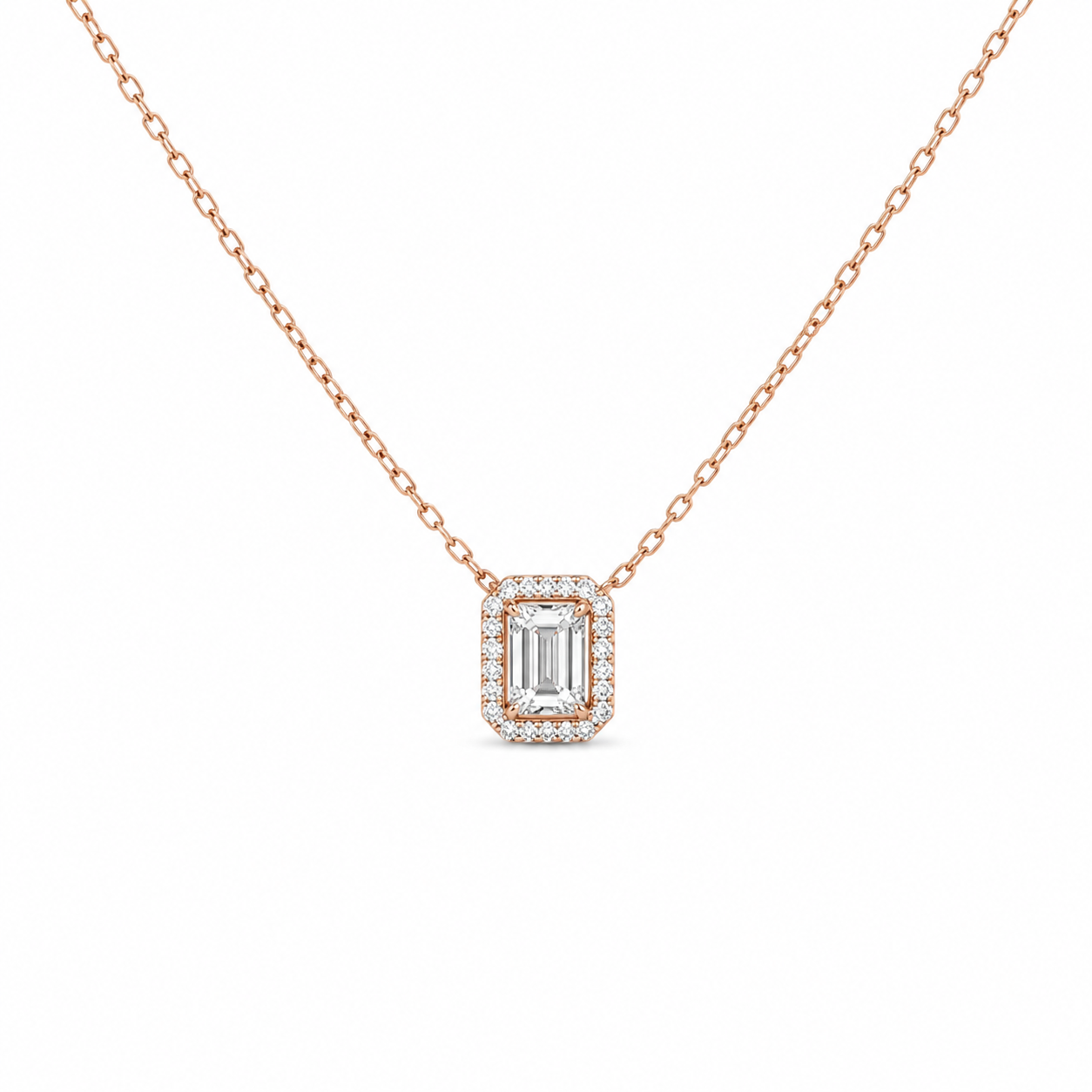 Emerald Cut Halo Necklace