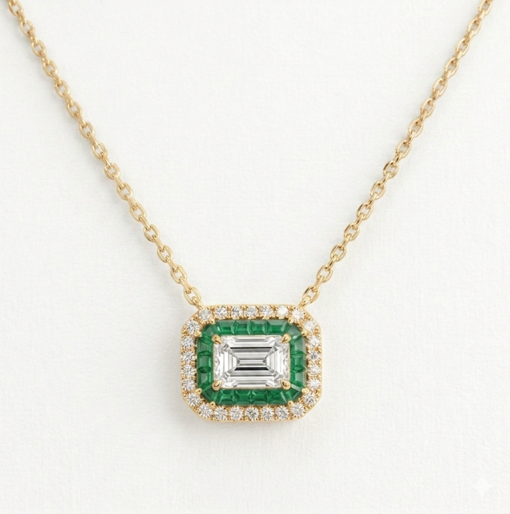 Double Halo Emerald Necklace