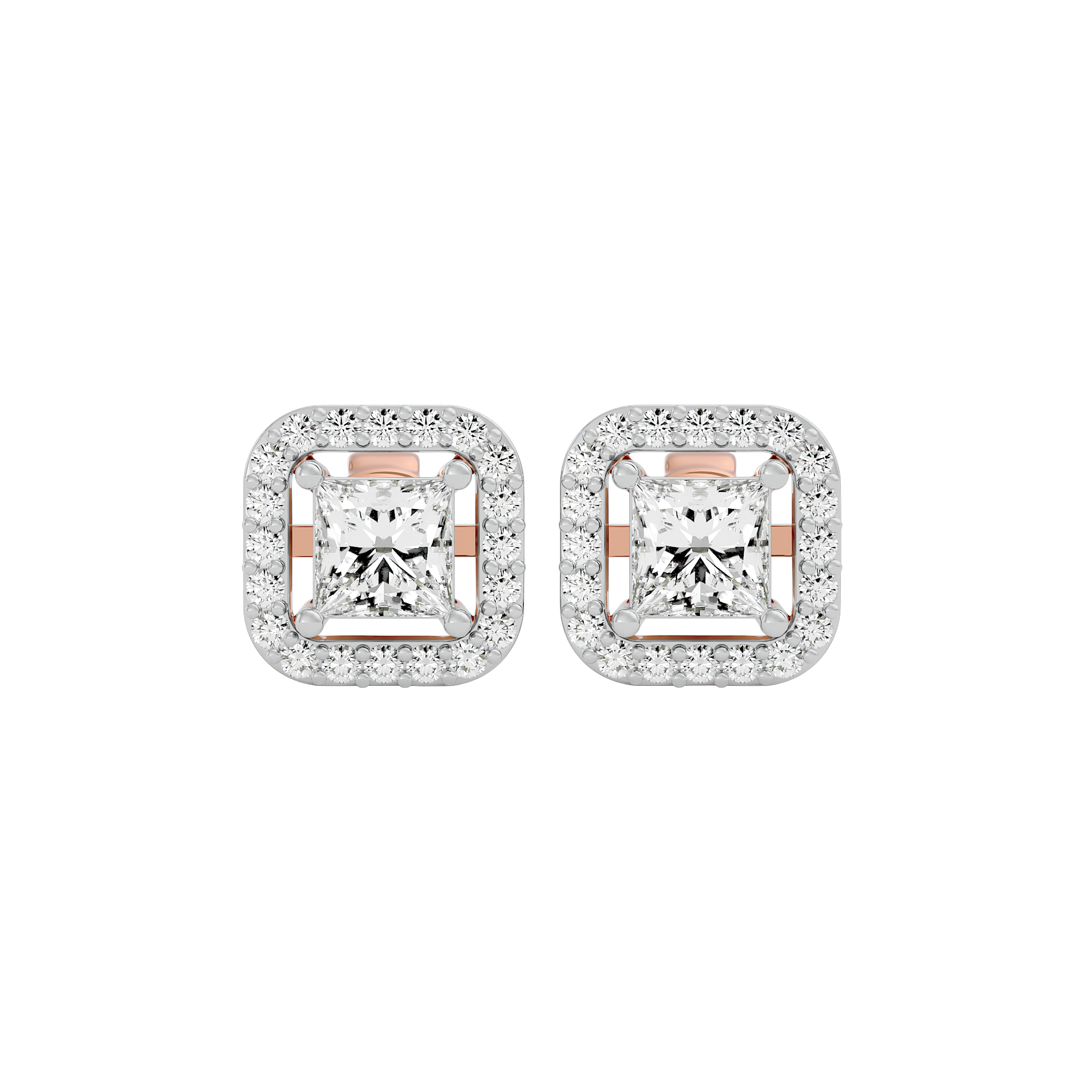 1 ct Princess studs with square halo - Basket setting