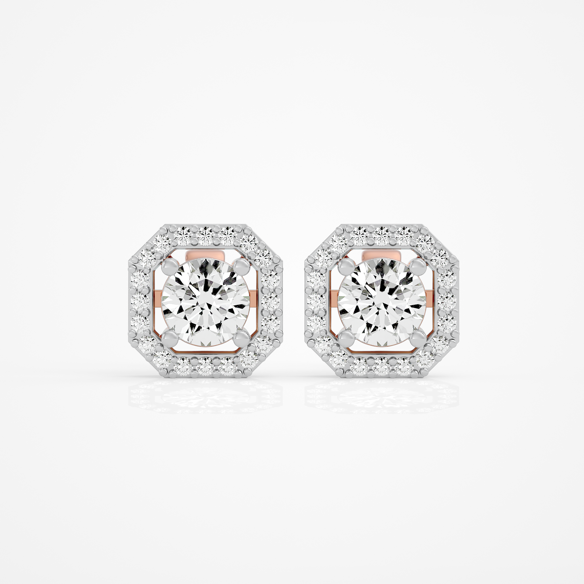 1 ct Round studs with square halo - Basket setting