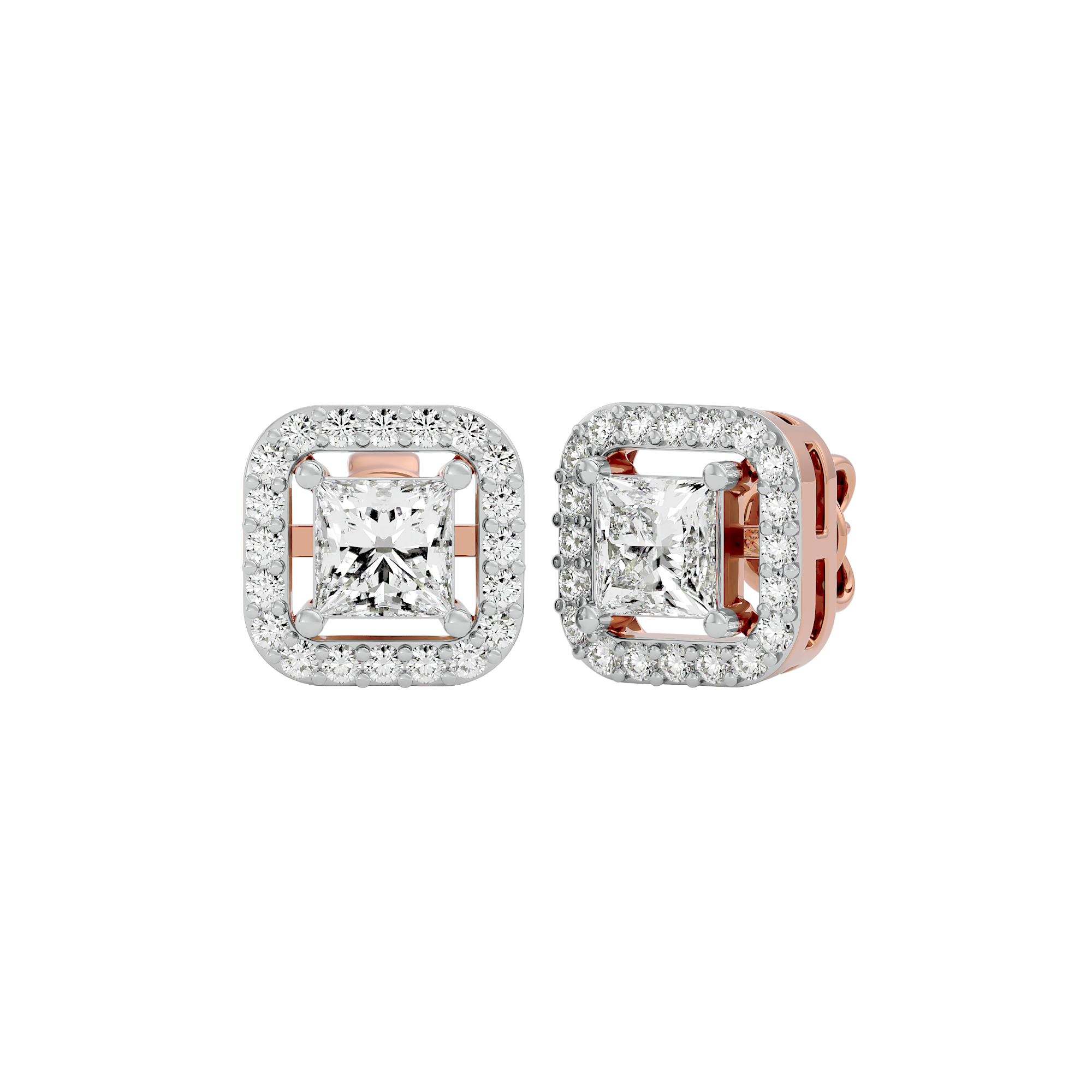 1 ct Princess studs with square halo - Basket setting