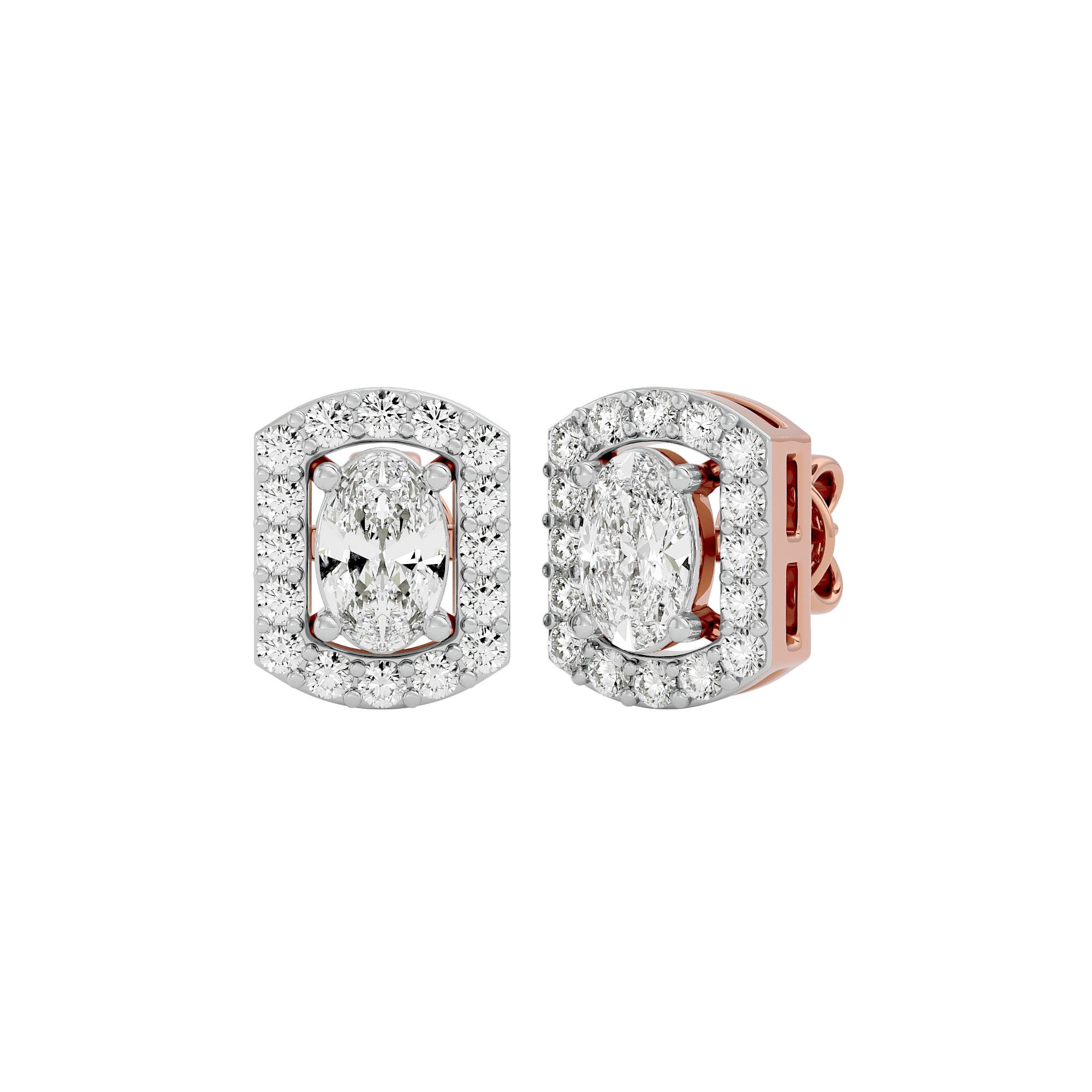 0.6 ct Oval studs with square halo - Basket setting