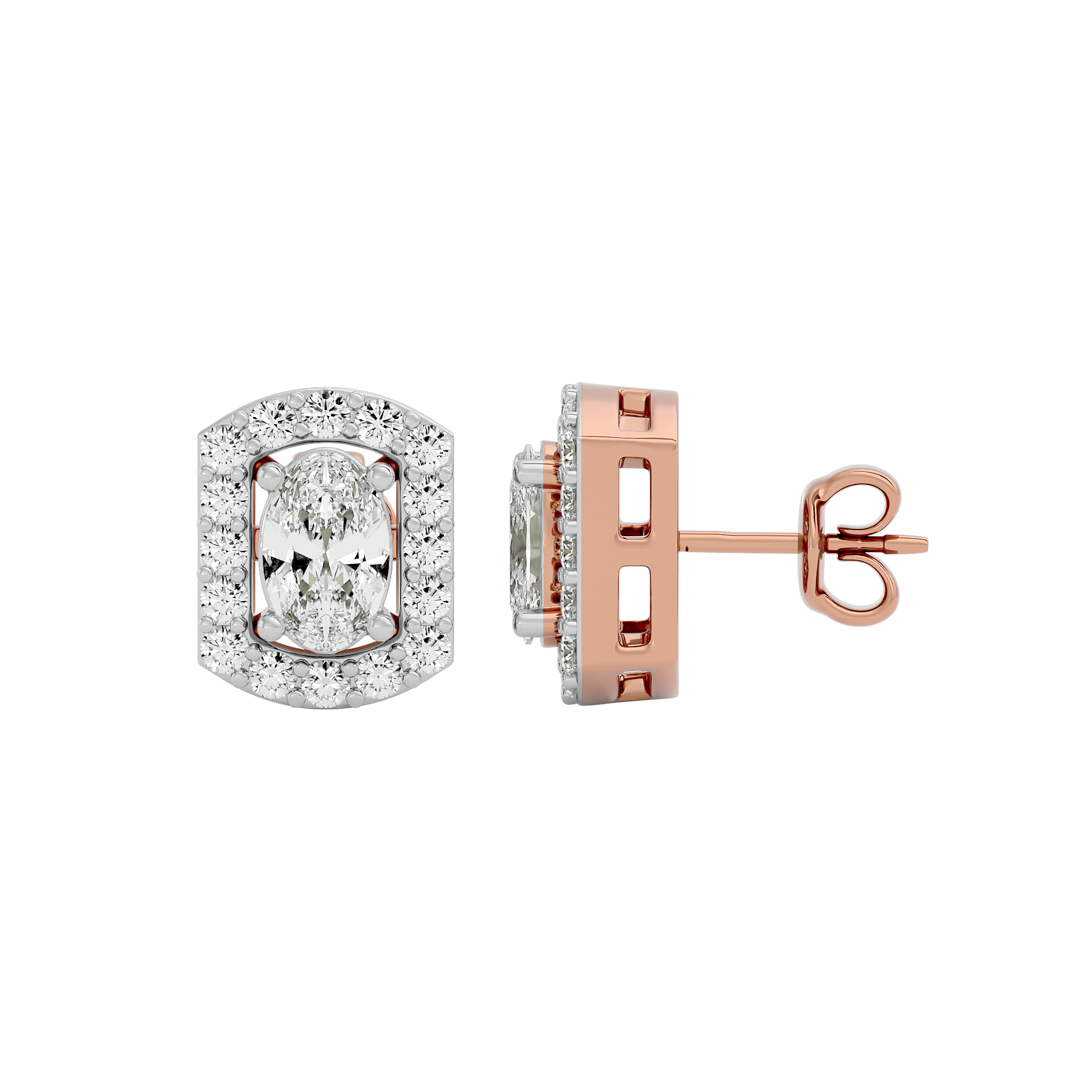 0.6 ct Oval studs with square halo - Basket setting