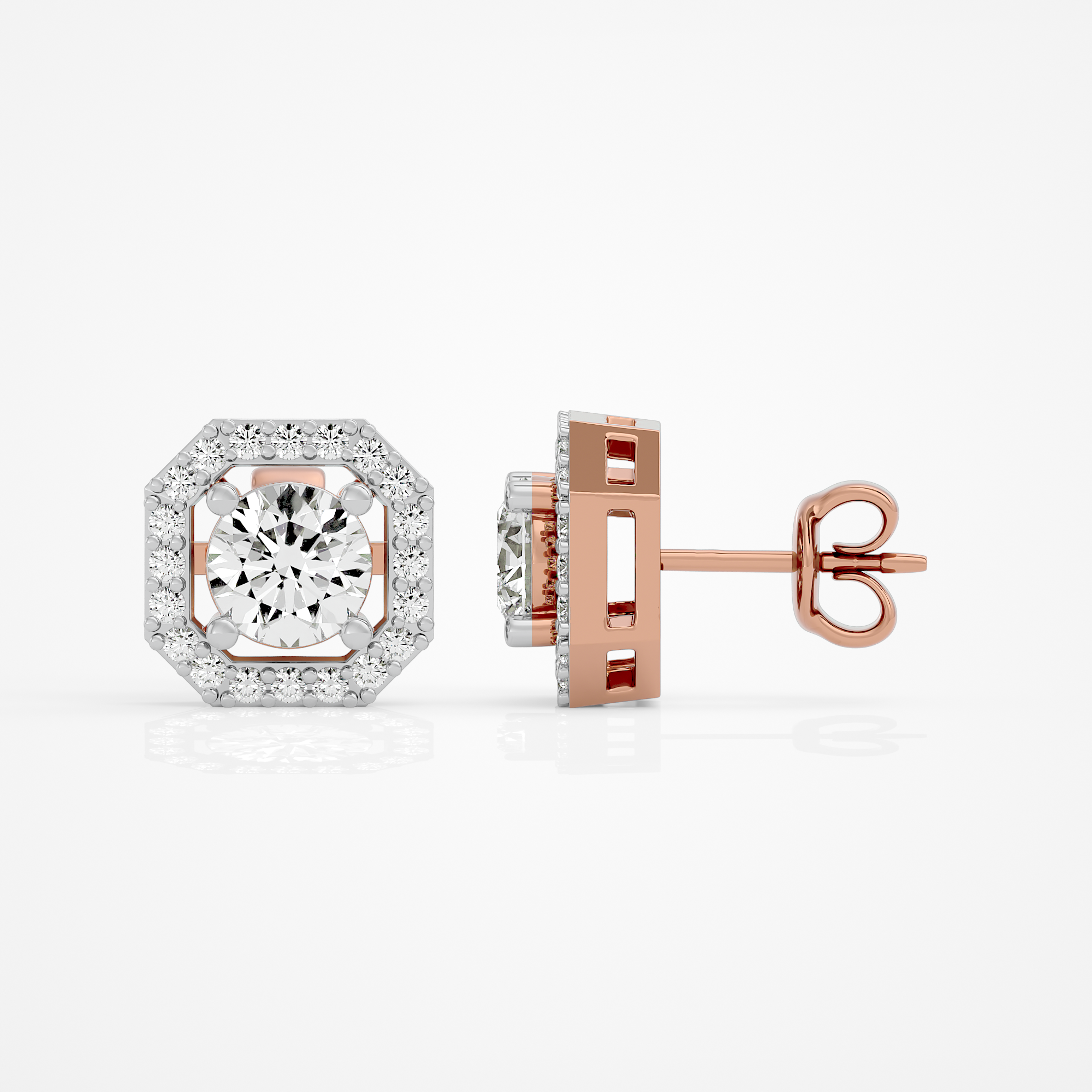 1 ct Round studs with square halo - Basket setting
