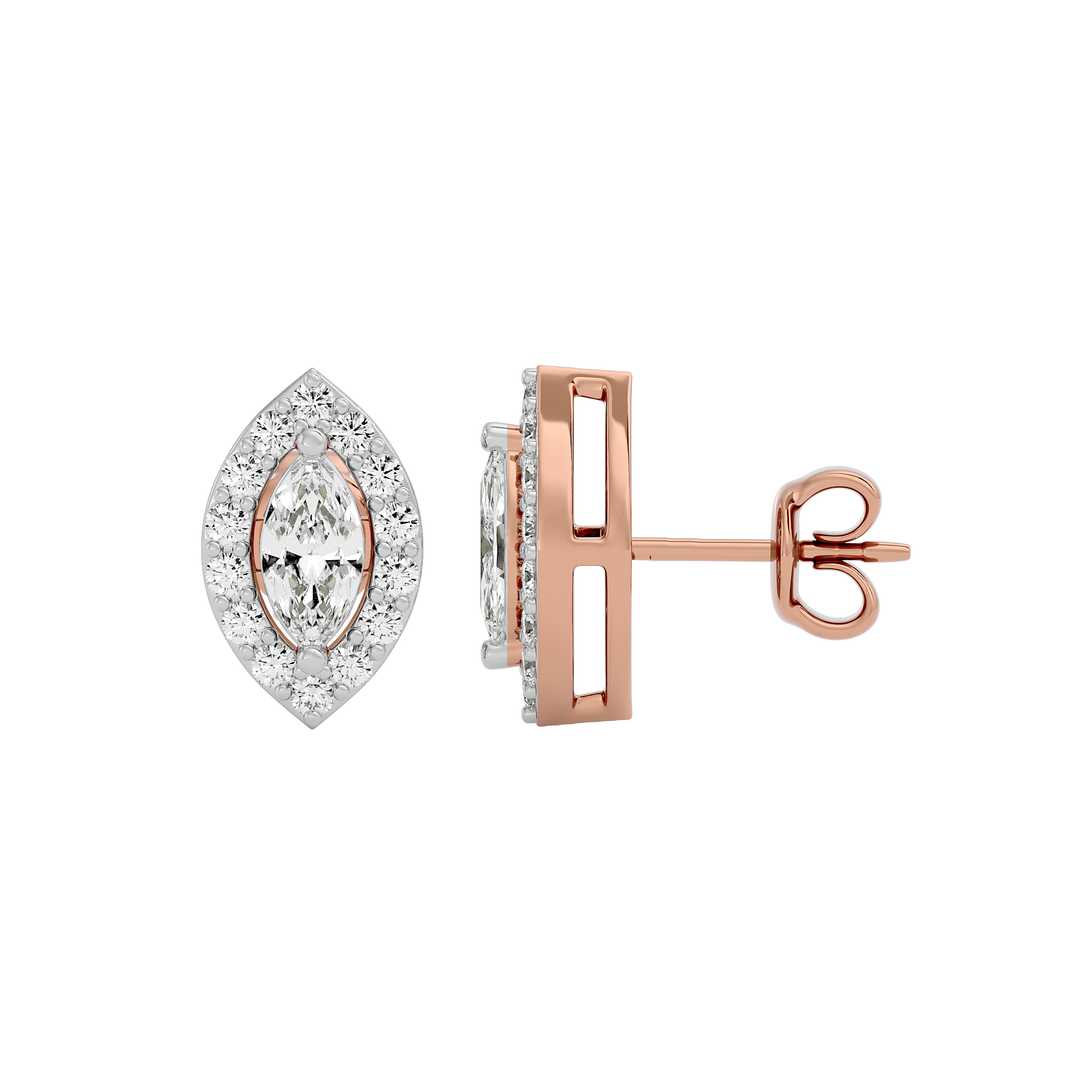 0.5 ct Marquise halo studs - Basket setting