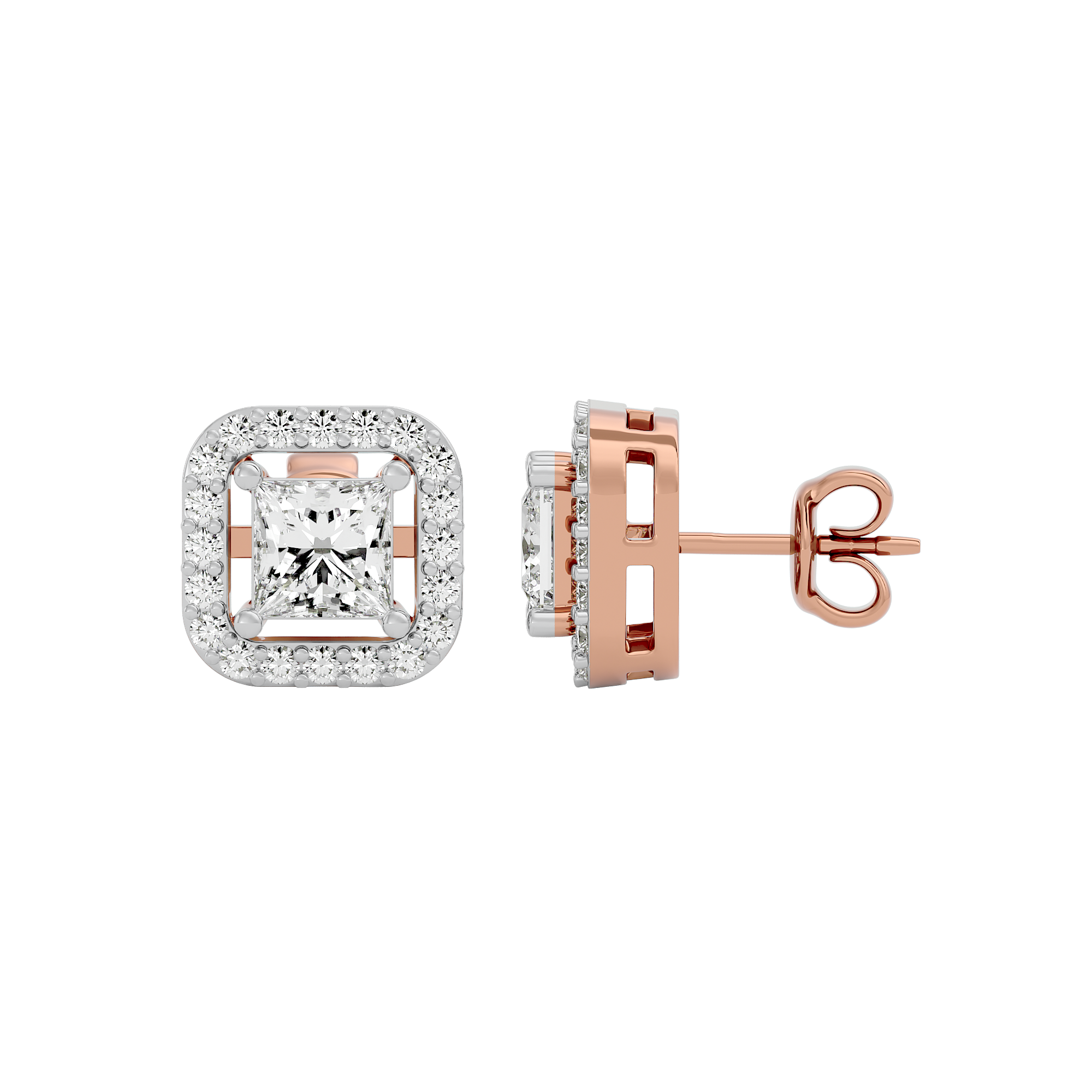 1 ct Princess studs with square halo - Basket setting