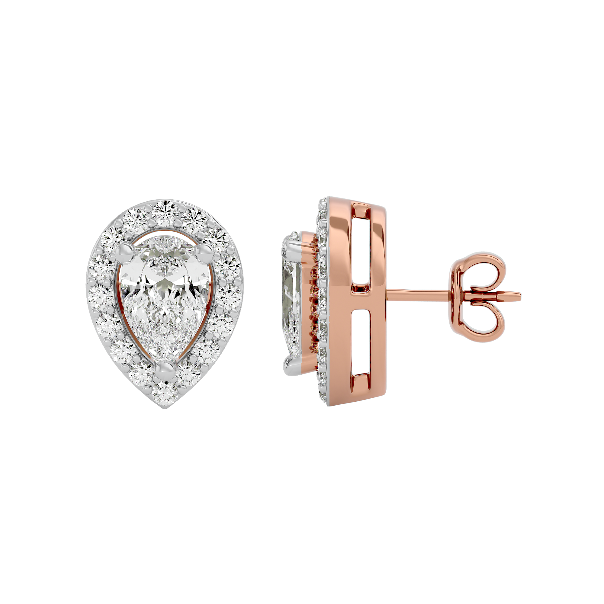 1 ct Pear halo studs - Basket setting