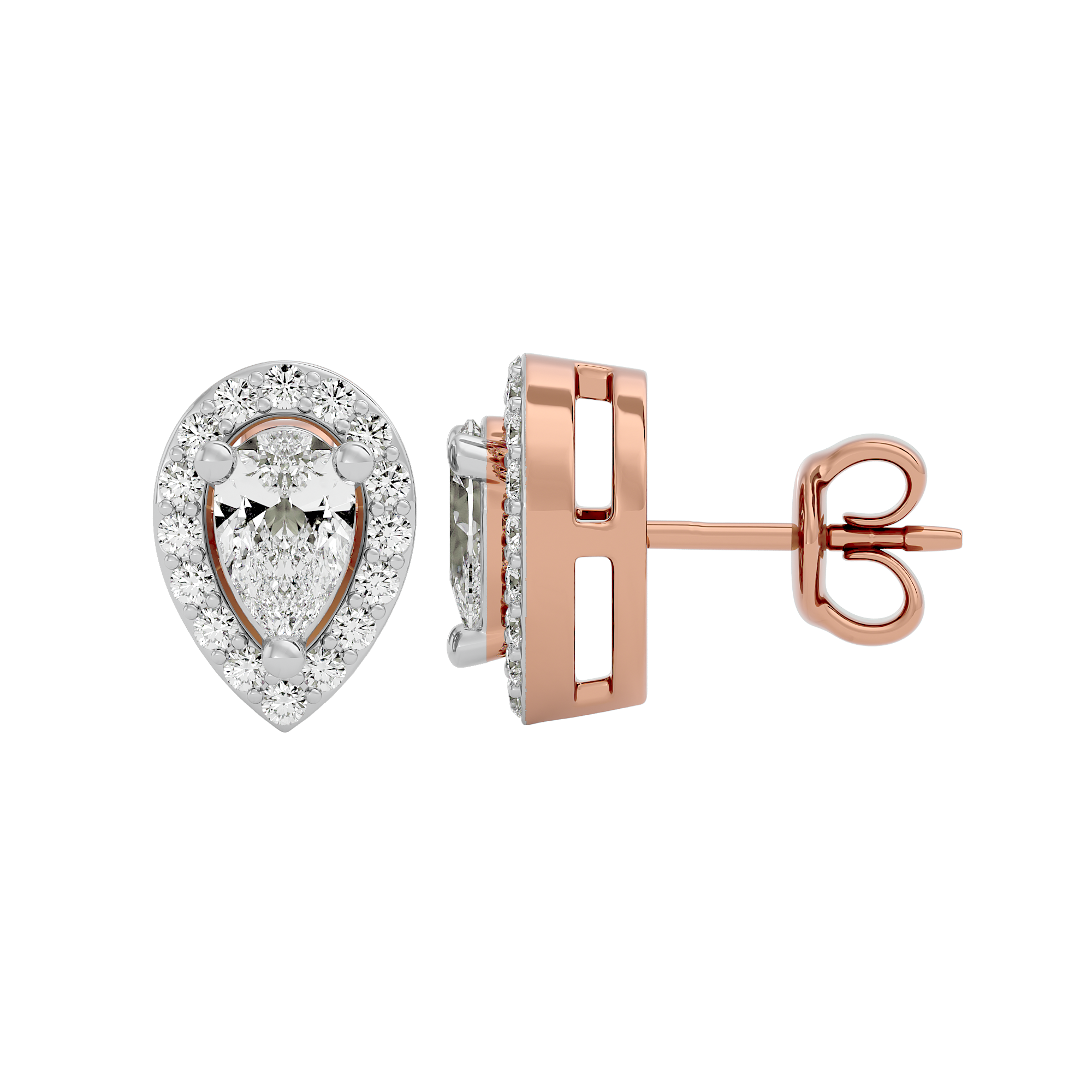 0.5 ct Pear halo studs - Basket Setting
