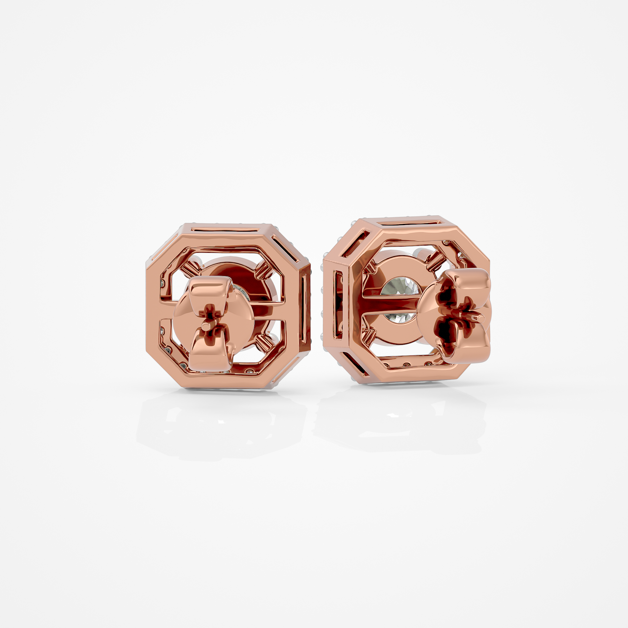1 ct Round studs with square halo - Basket setting