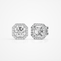 1 ct Round studs with square halo - Basket setting