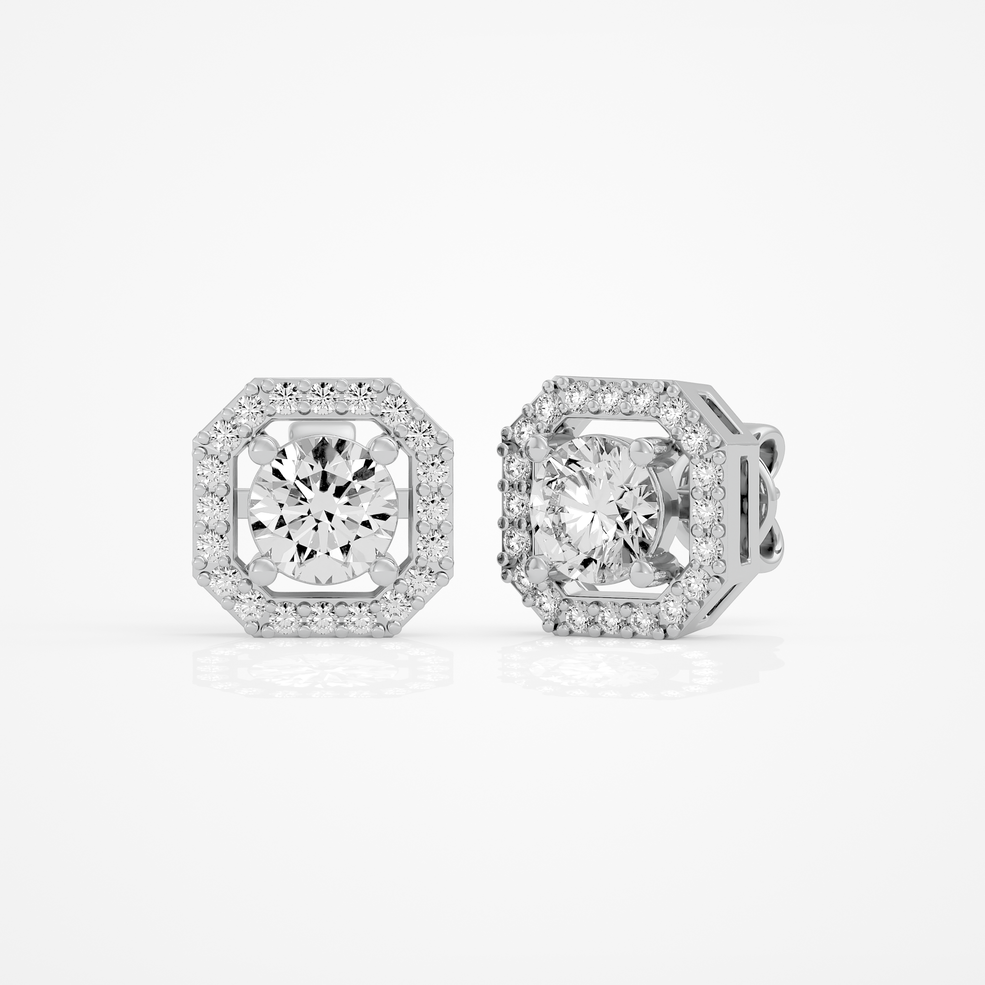 1 ct Round studs with square halo - Basket setting
