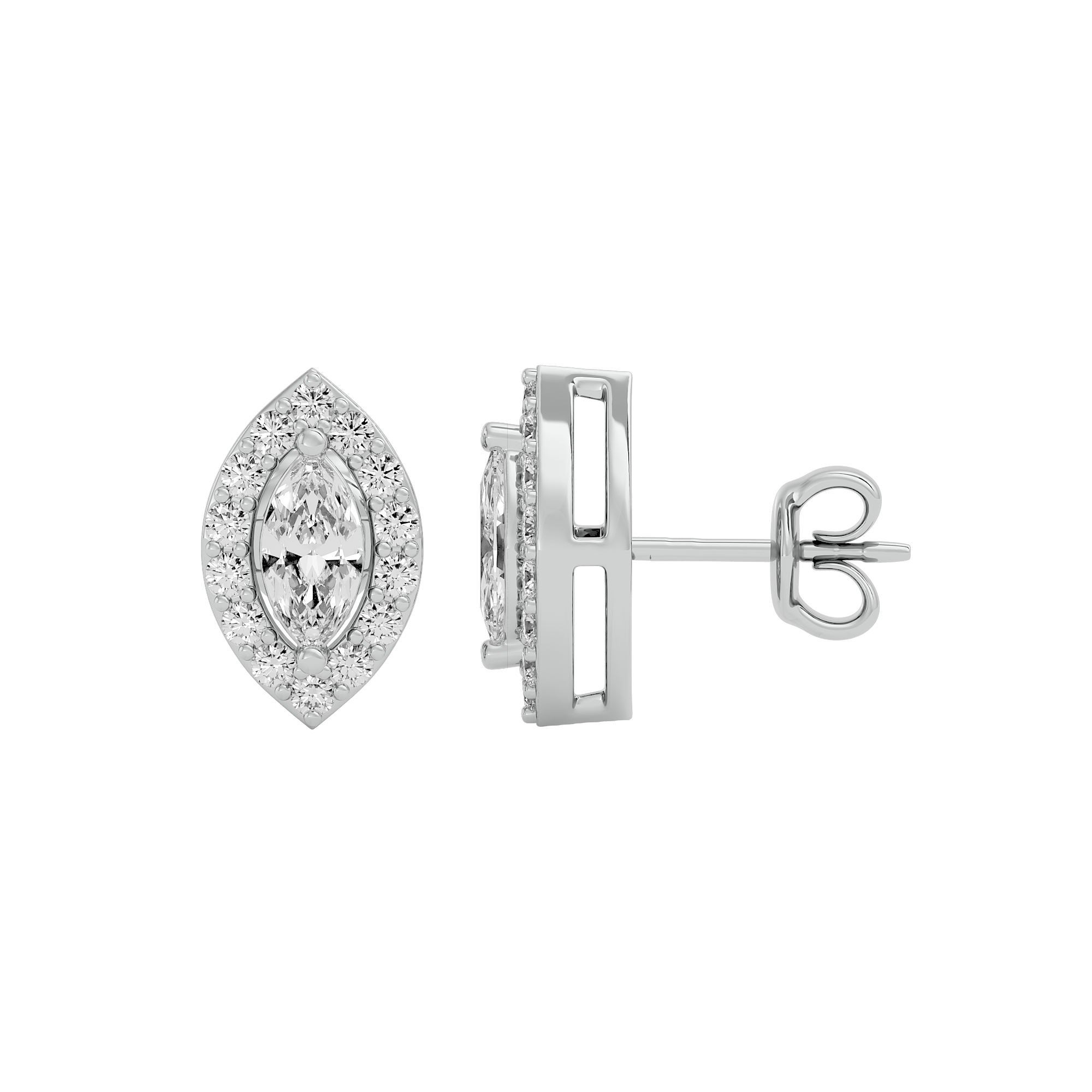 0.5 ct Marquise halo studs - Basket setting