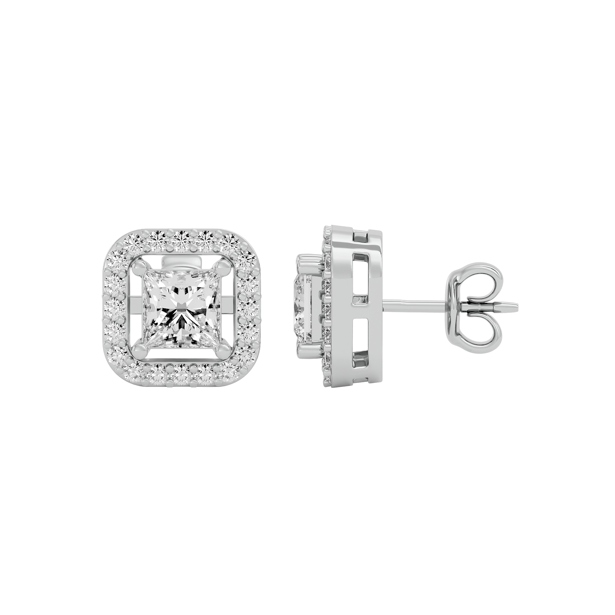 1 ct Princess studs with square halo - Basket setting