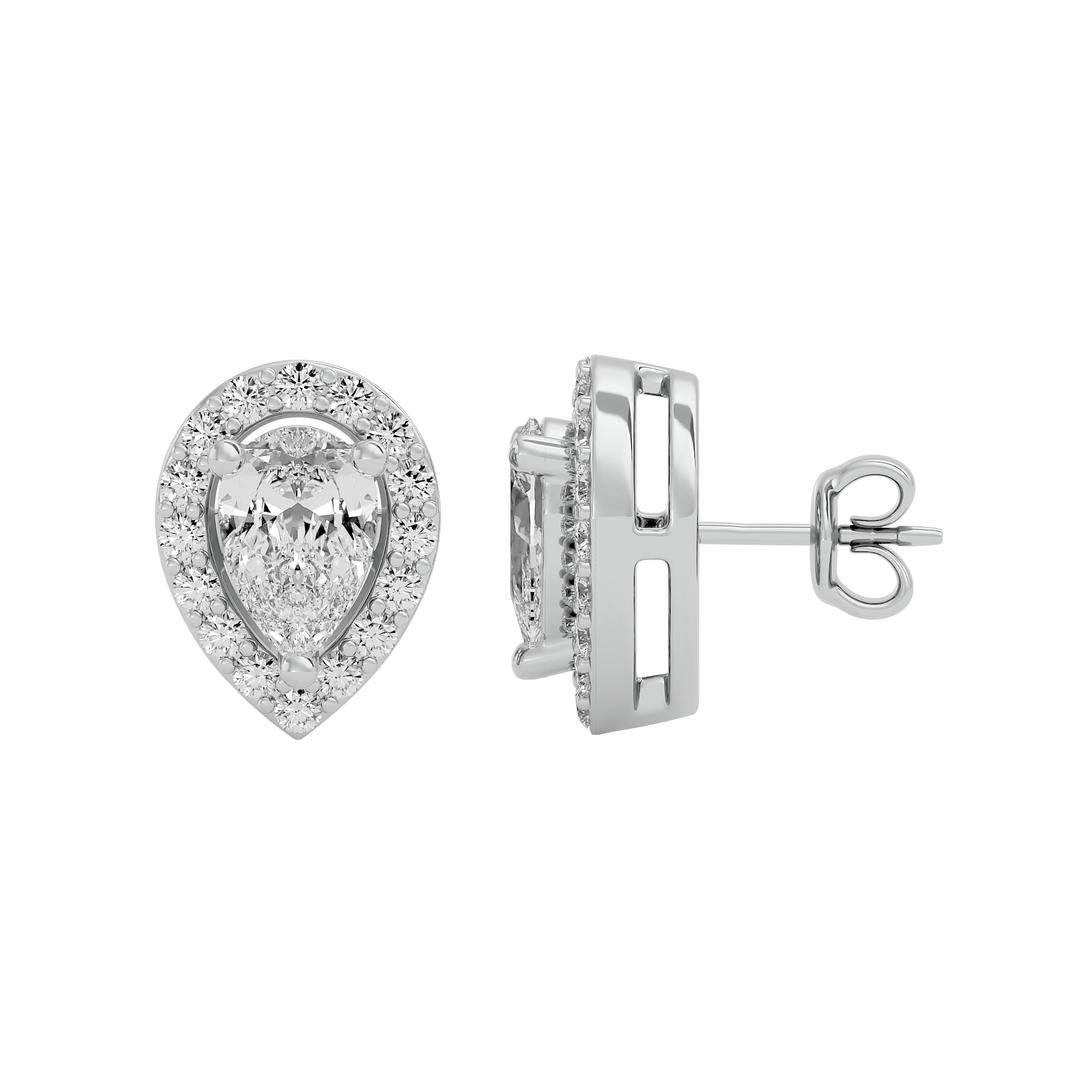 1 ct Pear halo studs - Basket setting