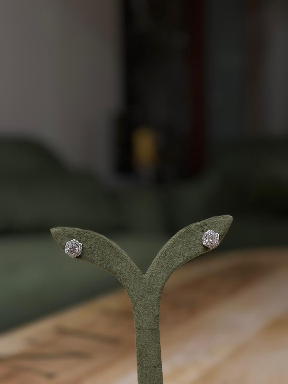 1 ct Round Diamond Studs with Hexagon Halo