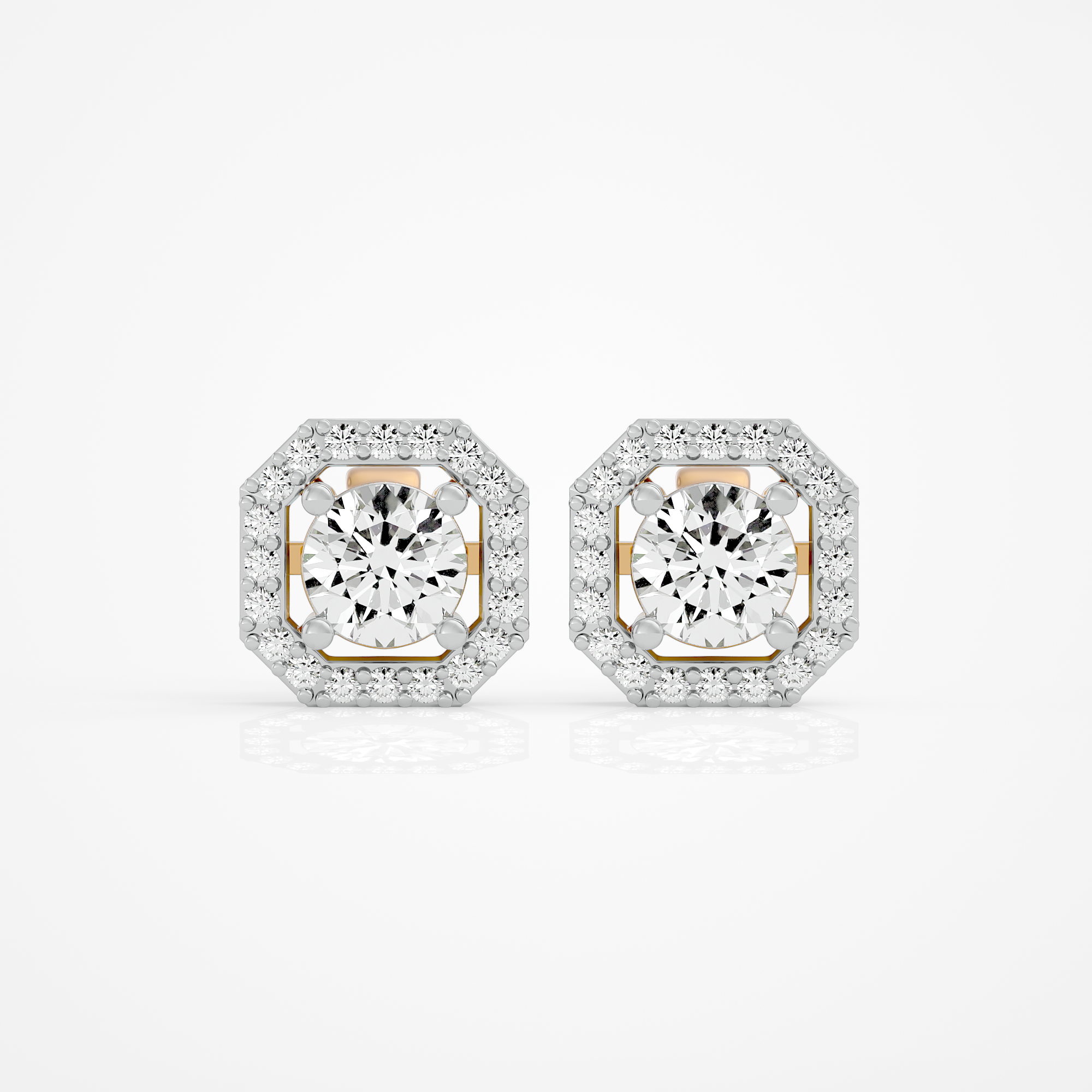 1 ct Round studs with square halo - Basket setting