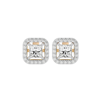 1 ct Princess studs with square halo - Basket setting