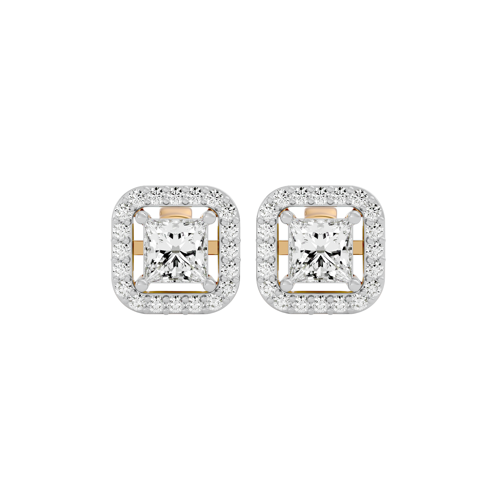 1 ct Princess studs with square halo - Basket setting