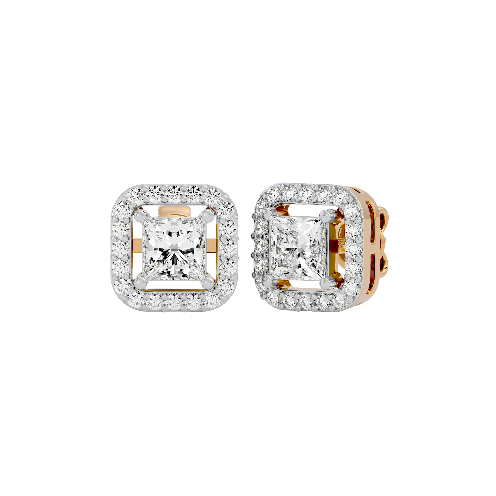 1 ct Princess studs with square halo - Basket setting