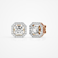 1 ct Round studs with square halo - Basket setting