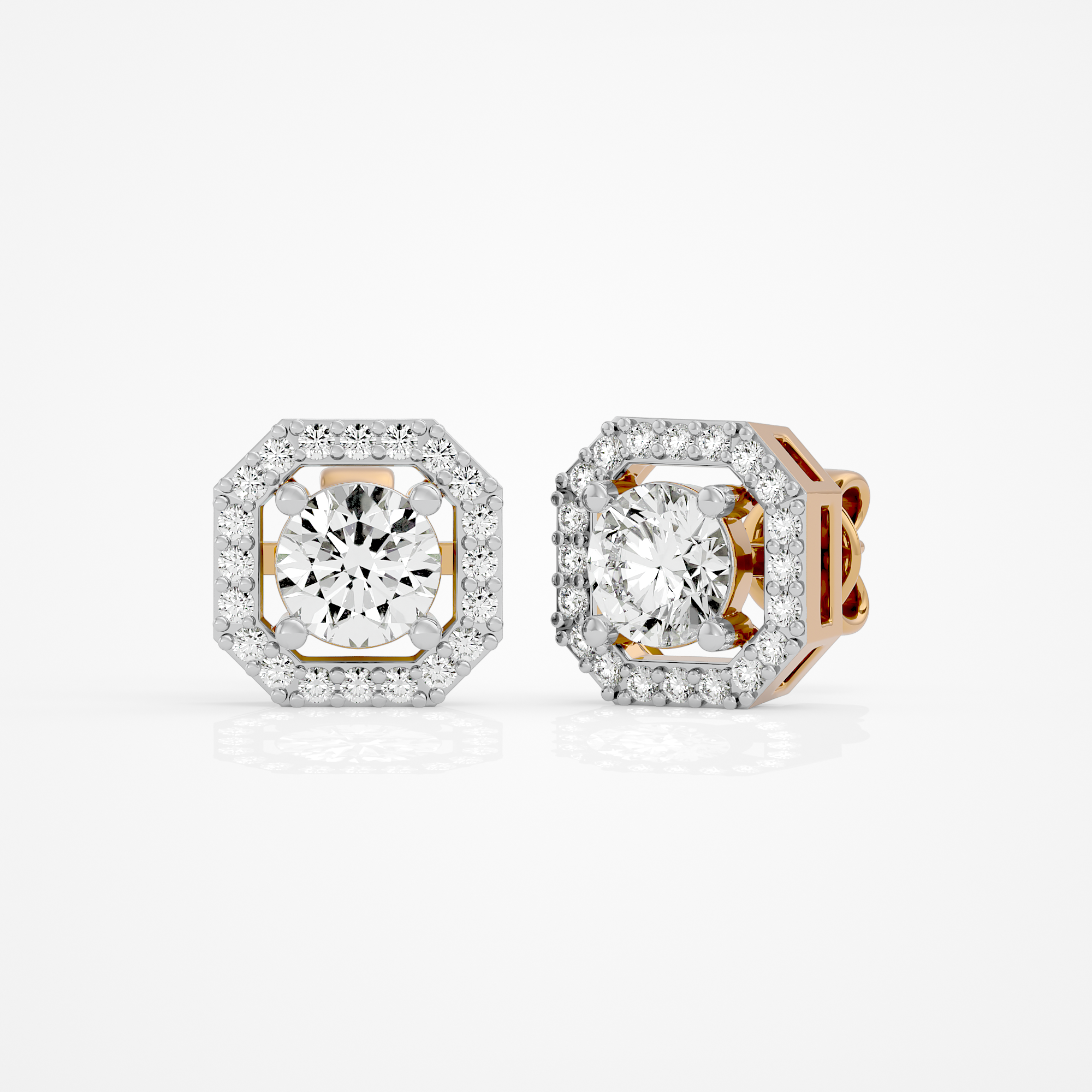 1 ct Round studs with square halo - Basket setting