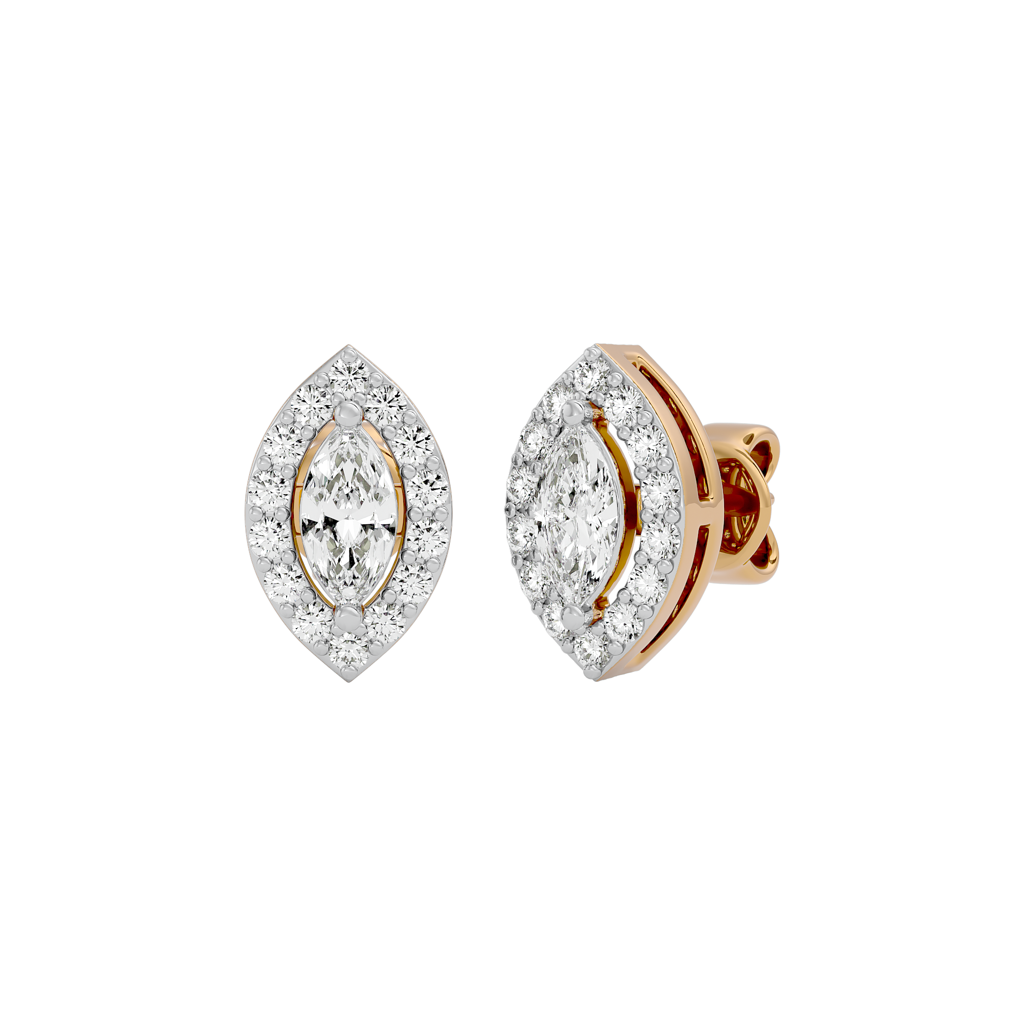0.5 ct Marquise halo studs - Basket setting