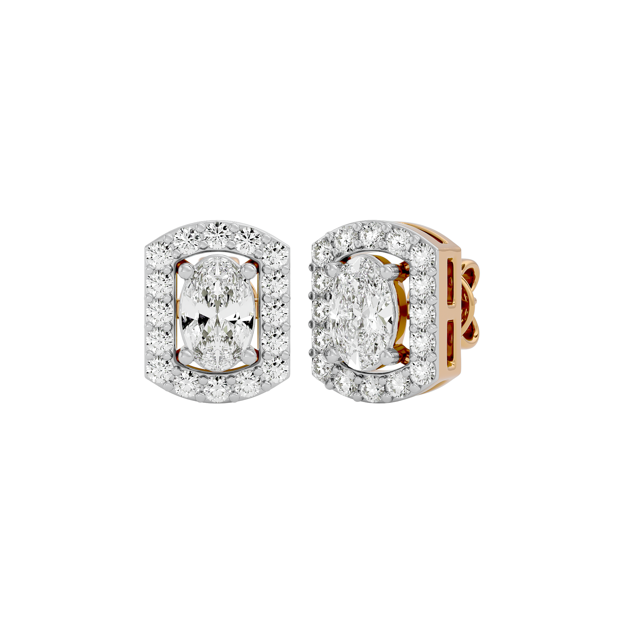 0.6 ct Oval studs with square halo - Basket setting