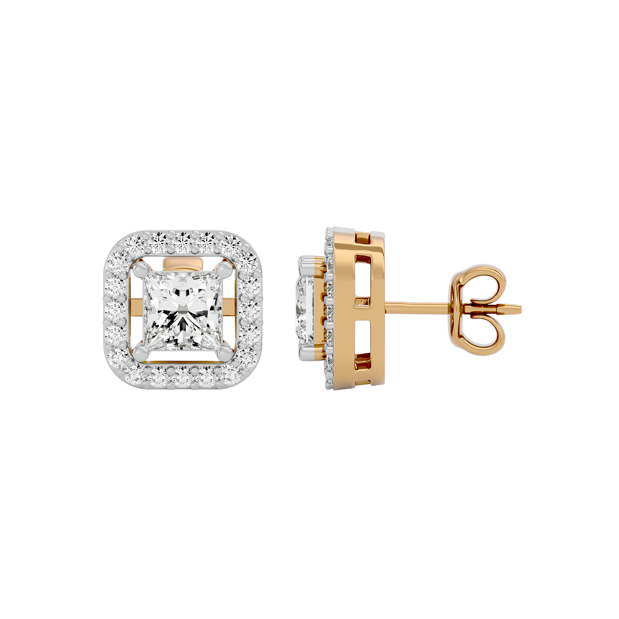 1 ct Princess studs with square halo - Basket setting