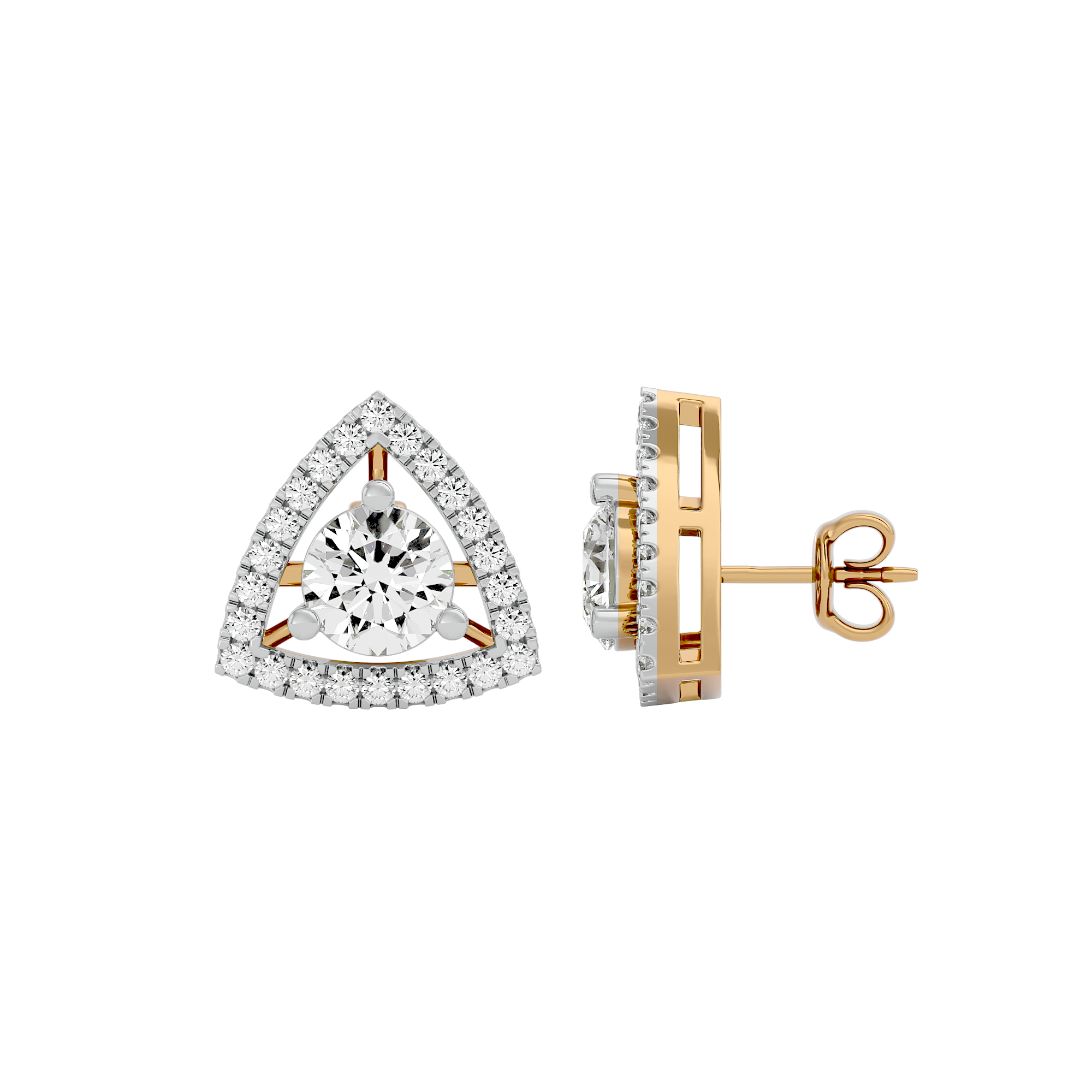 1.5 ct Round studs with triangle halo - Basket setting