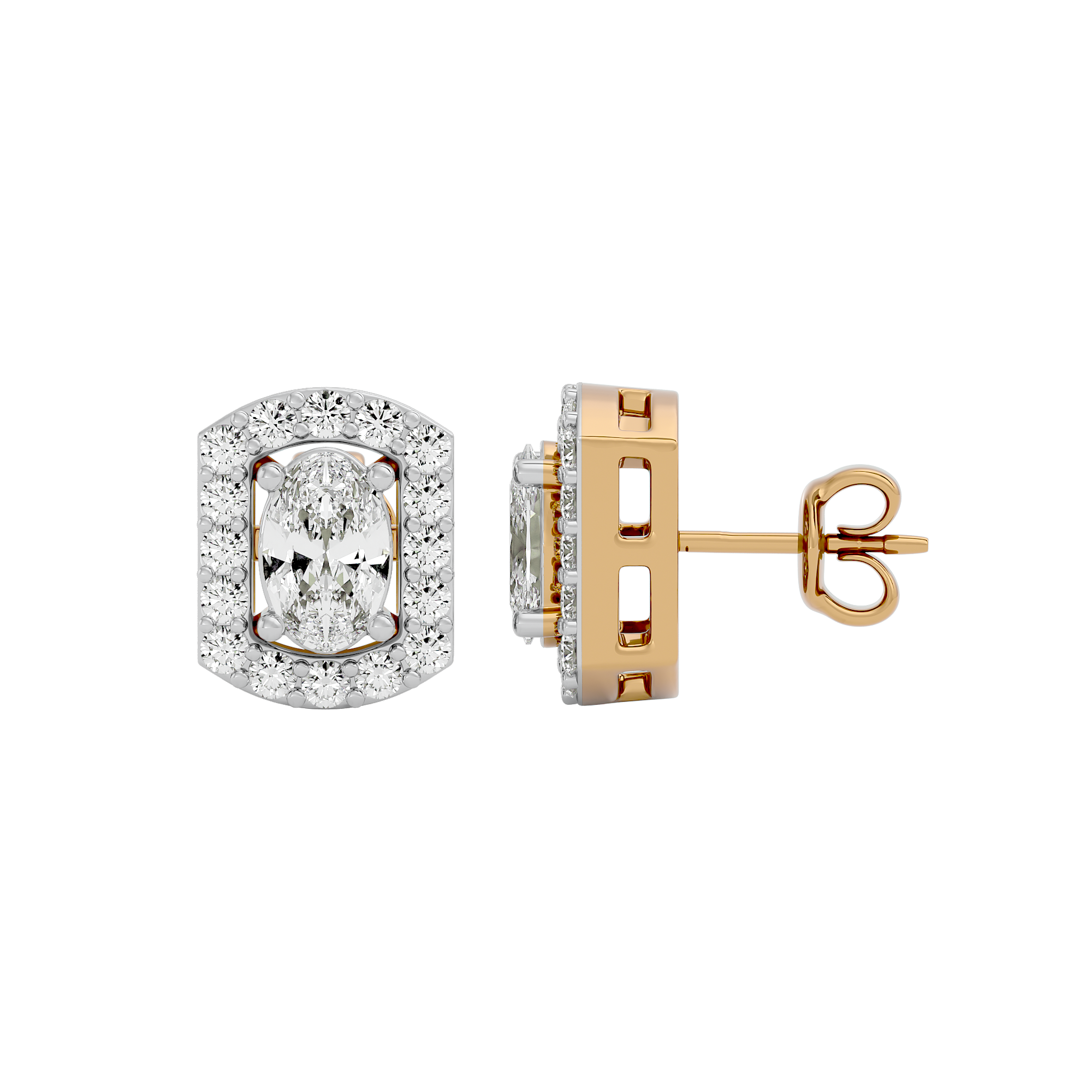 0.6 ct Oval studs with square halo - Basket setting
