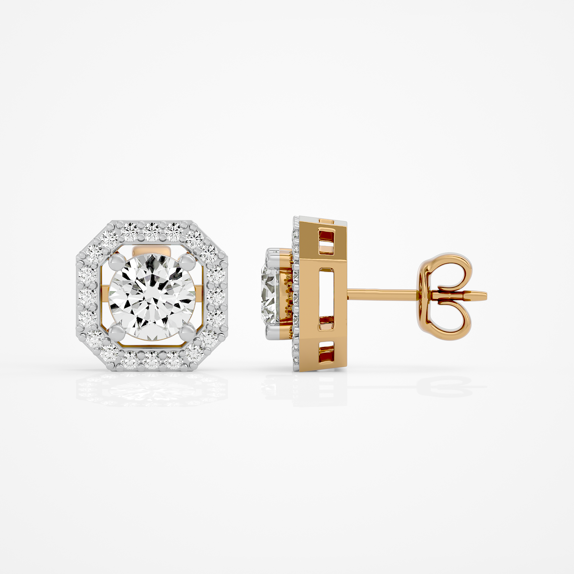 1 ct Round studs with square halo - Basket setting