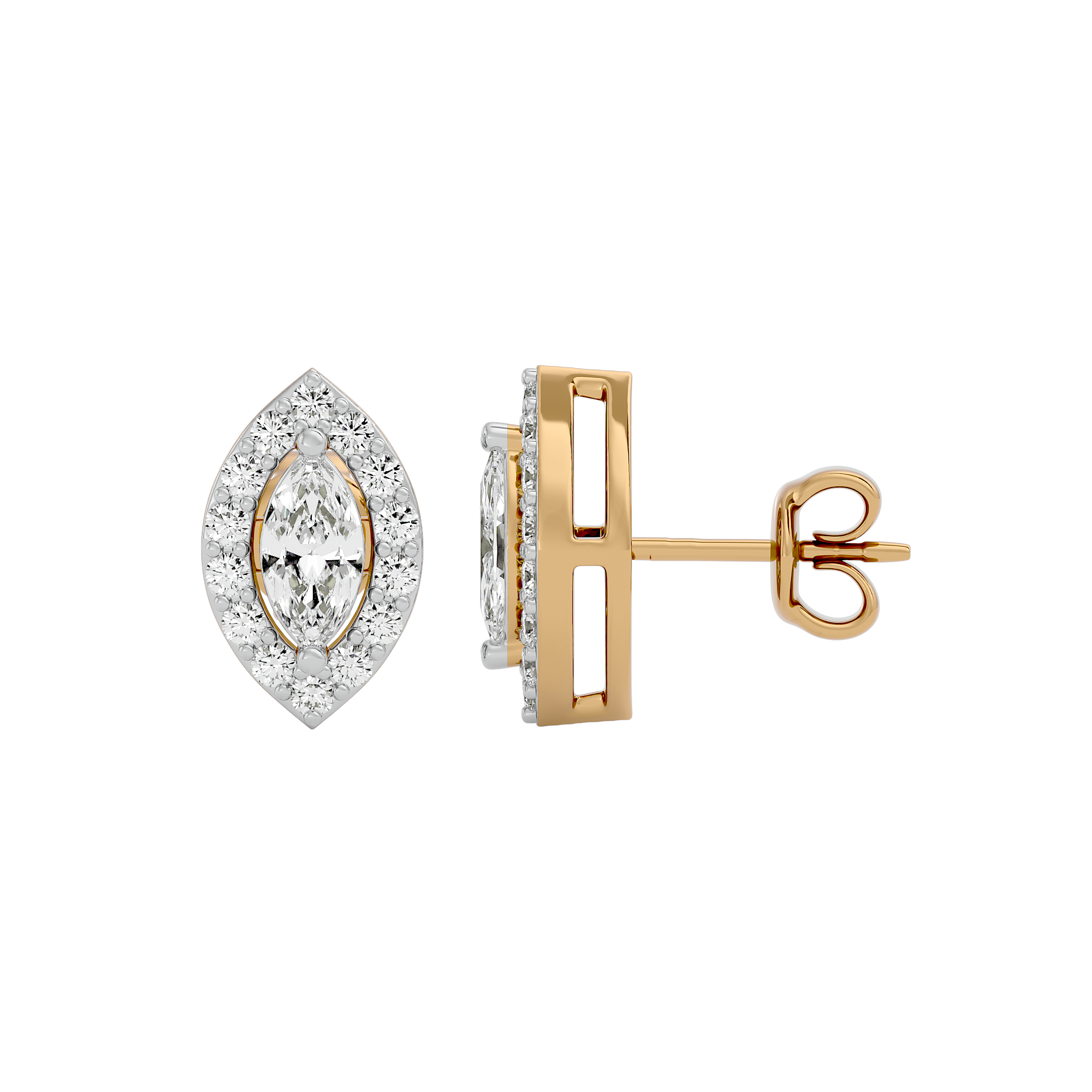 0.5 ct Marquise halo studs - Basket setting